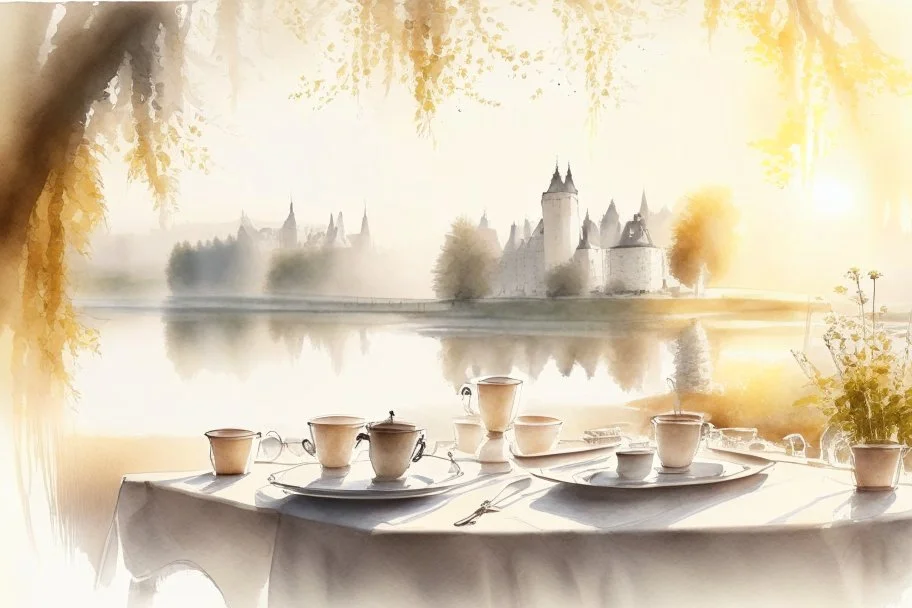 Brunch breakfast on an elegant table in the garden in the background, Castle on the Loire, lake, reflection, sunrise, Misty morning smooth intricate high definition beautiful lighting pencil sketch watercolor polished warm light