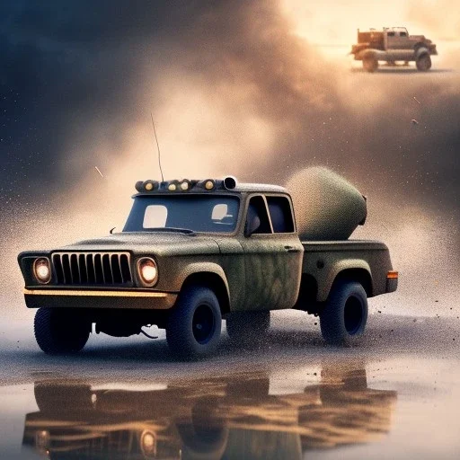 very very very hyperrealistic shot, military pickup truck, heavy guns firing on back, earth color palette, sharp focus, puddle reflection, tire water splash, refraction, mist on the horizon, shadowcast, god rays, very very very very detailed and intricate, cinematic composition, macro, tilt shift photography