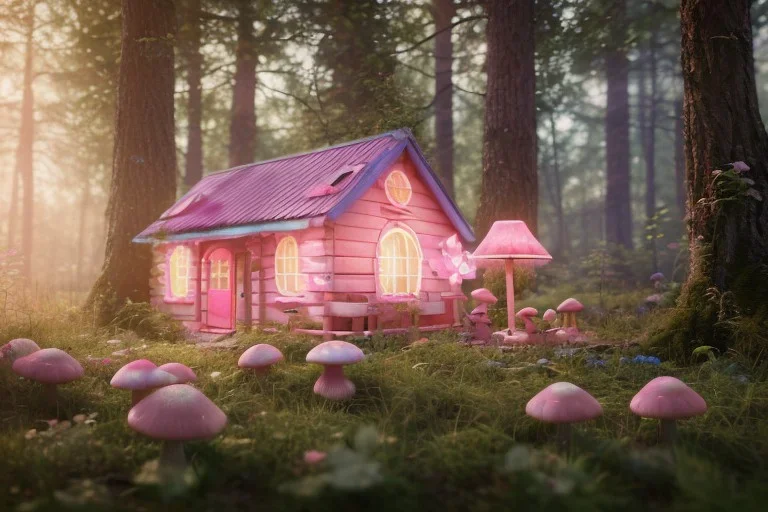 a cute pink and blue fairy house in the forest, spring time, mushrooms, 8k, flickering light, centered, high-quality, fine-detail, digital art, detailed matte, volumetric lighting, illustration, 3D octane render