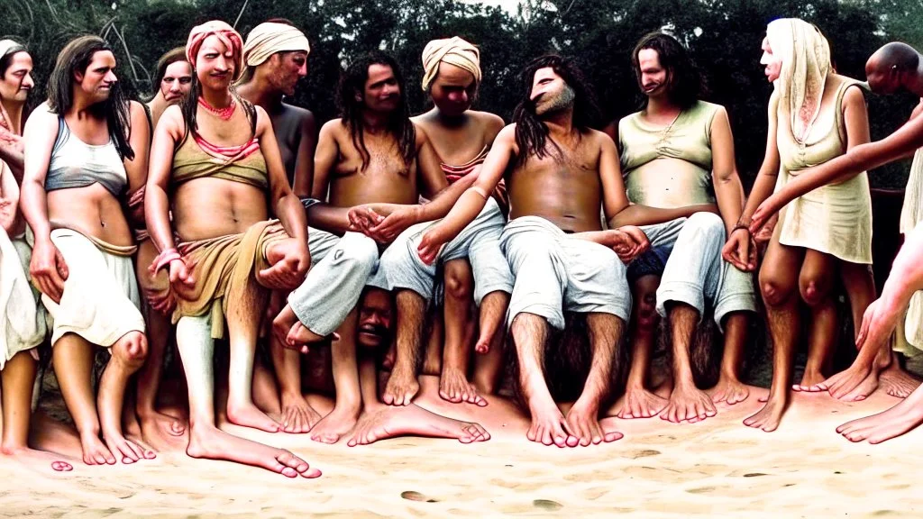 group of men surrounded women with bare feet