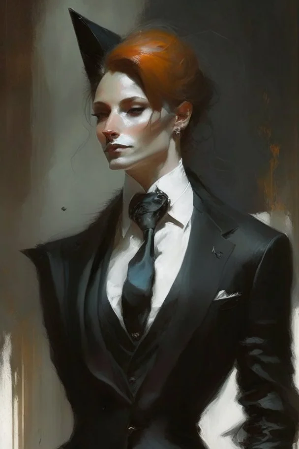 a fox in black suit,white collar neck band and court gown in the style of Aleksi Briclot, Charlie Bowater, Dean Cornwell, and Pino Daeni