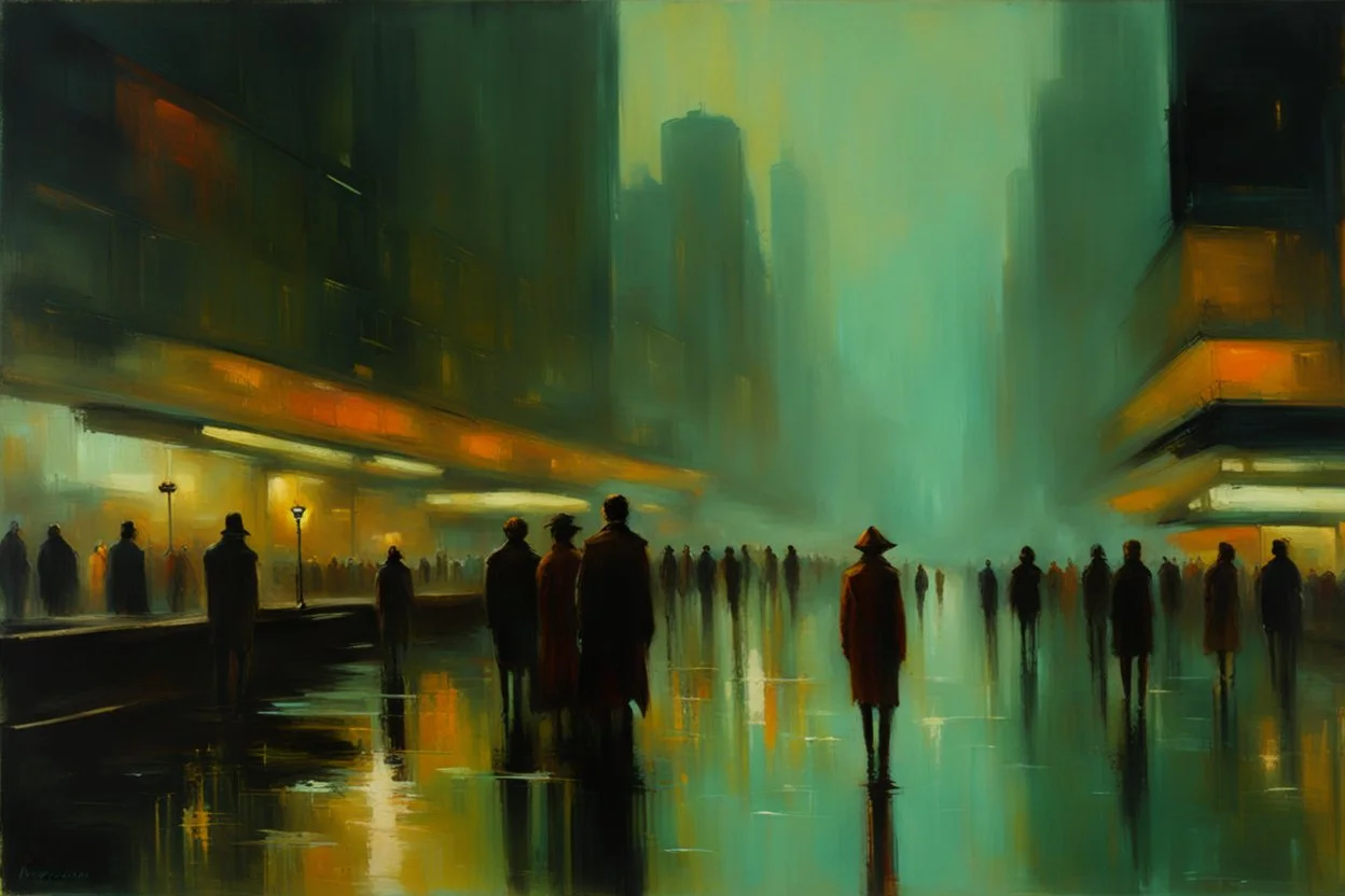 Futuristic city in a cloudy day, lake, people, sci-fi, cyberpunk influence, lesser ury impressionism painting