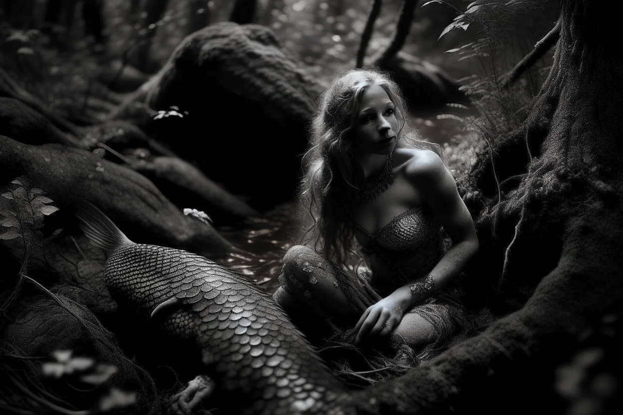 Una sirena perdida en un bosque. Fotografía realizada con cámara Hasselblad. Fotografía en Blanco y Negro.