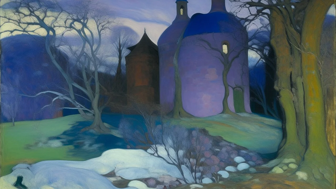 A light purple haunted winter keep with ice ghosts painted by Paul Gauguin