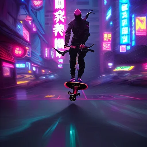 photo of a ninja riding a skateboard; in an alternate universe in tokyo; cyberpunk; realistic; rain; neon signs