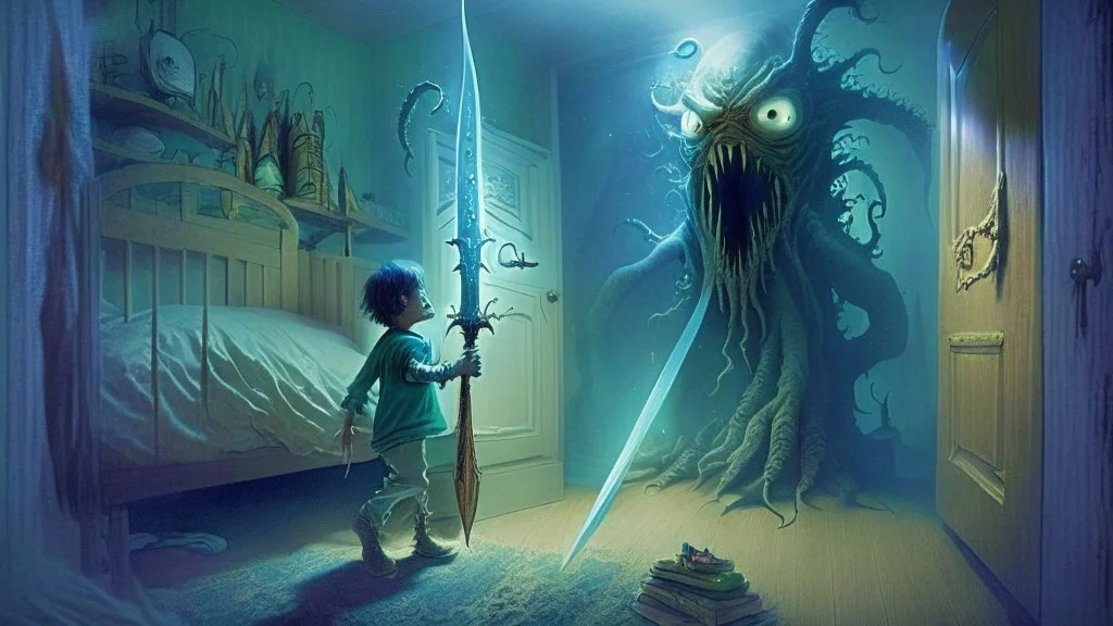 a lovecraftian alien overlord emerges from a child's bedroom closet and the child holds a giant magical sword