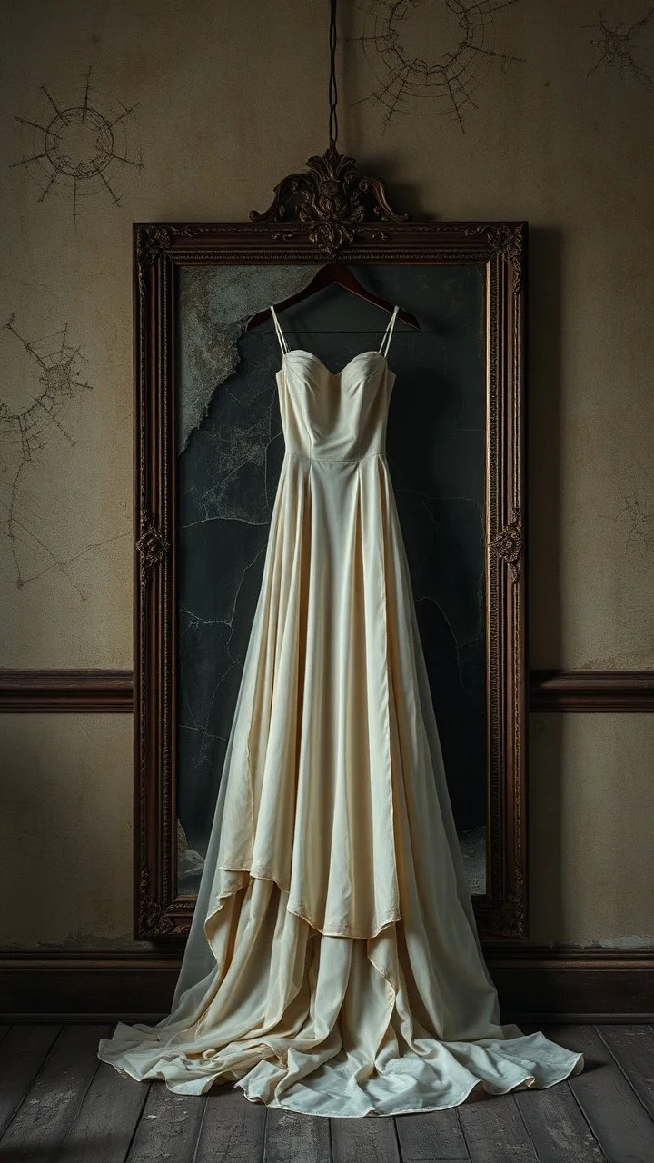 An old dusty wedding dress hanging on the wall in front of cracked big mirror on the wall of an abandoned room , Bosch painting style, sad and tragic and dark scenes