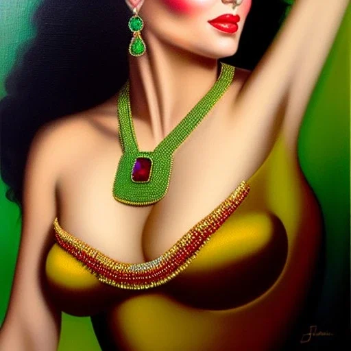 oil Portrait on canvas of busty beautiful young Dejah Thoris with big crystal clear green eyes looking to viewer,realistic,intrincate detail, with ruby necklace by Adam hughes 16k