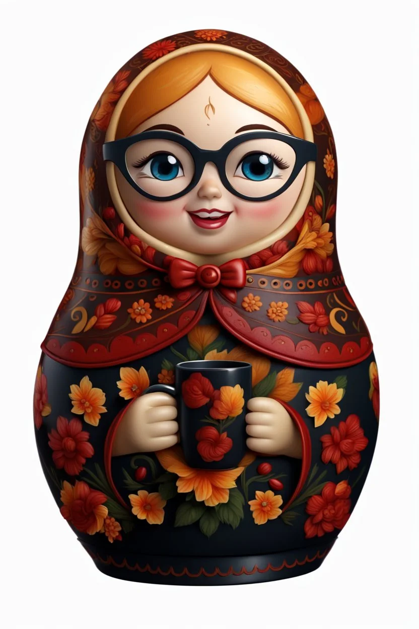 draw a Russian matryoshka doll in the style of Khokhloma, the matryoshka is smiling, the matryoshka has a coffee cup in her hands, a frontal angle, a picture on a white background, the matryoshka is drawn entirely, a highly detailed 3d picture