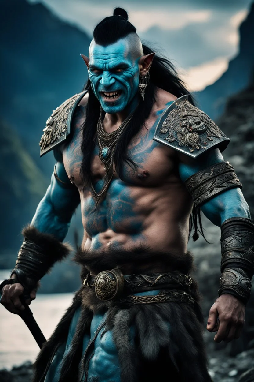 portrait of an orc king. Tribal Tattoo. Dark braided hair and ice blue eyes. smiling. Half of his head is shaved. wearing jewellery. Carrying a battleaxe. High resolution. 4K. 8K. Dark Fantasy style. Cave in the background