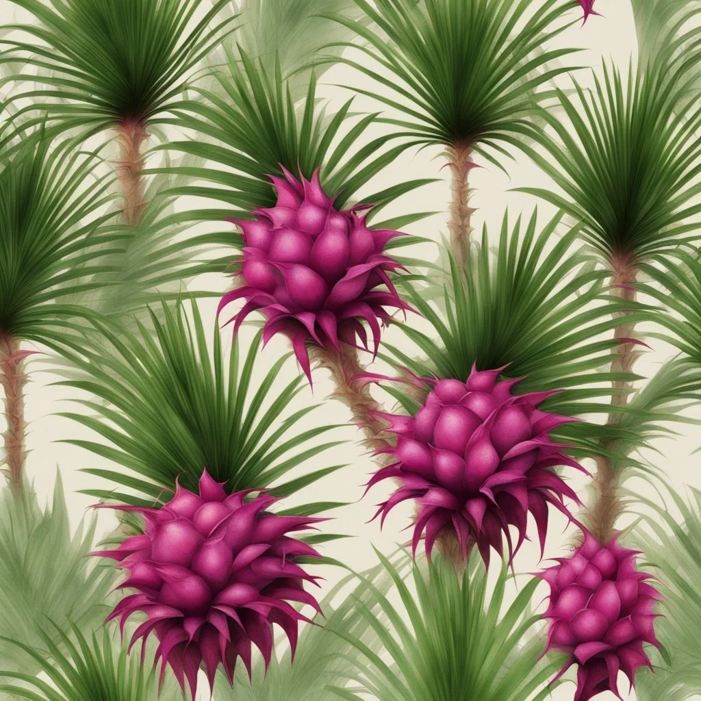 A bush of palm leaves with dragon fruit on a light background to remove