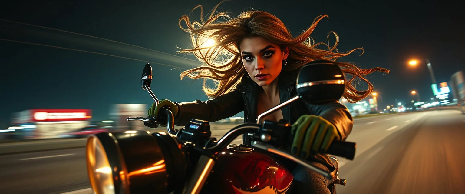 spy movie, fish eye lense, pin hole cam, master oil painting by Rembrandt, good afternoon bitch scary hot seductive high-elf gremlin octopus spray painted female outline, riding sports bike with motion blur and smeared lights in the night, stylistic poster, in the style of total recall, huge bugrat in the background with wind blowing in the hair, high speed, intense eyes