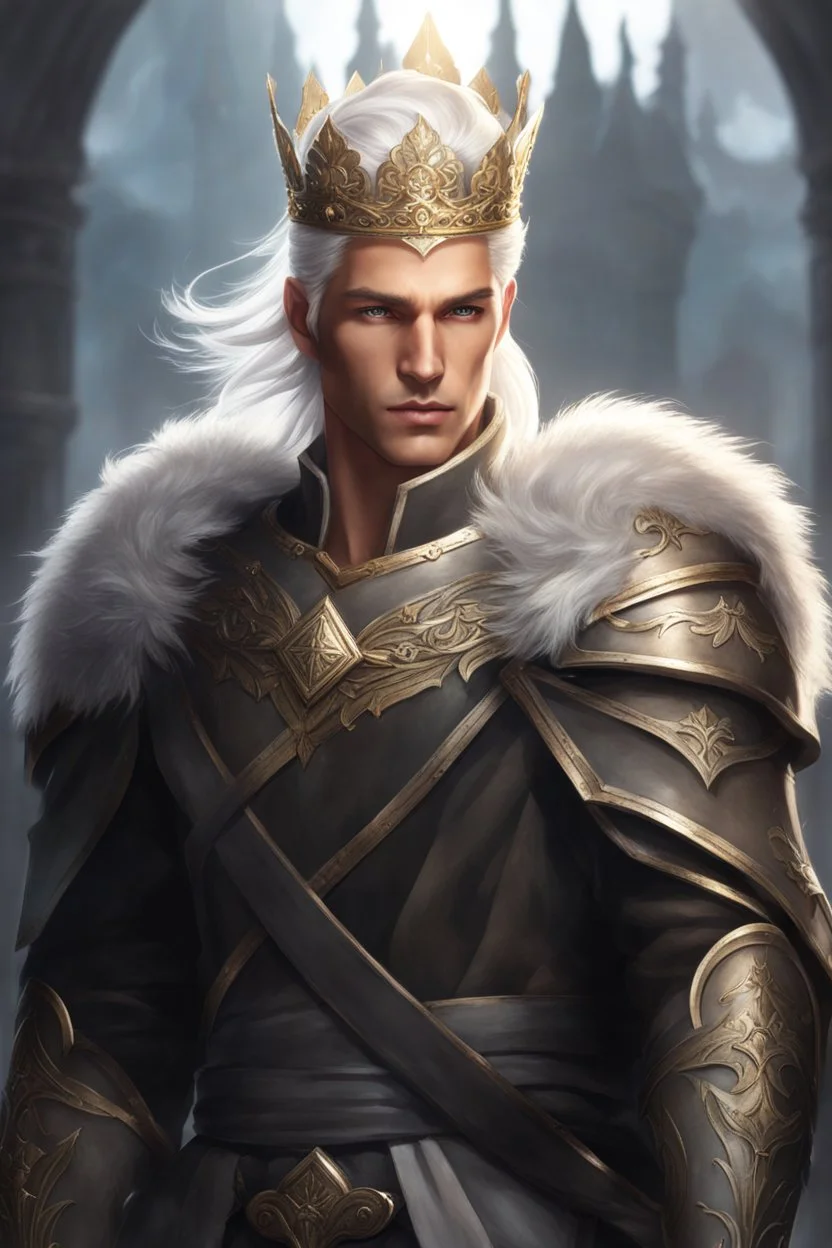 Male Tan Human, White Hair, Handsome Face, Wearing A Magical Crown, Holy Greatsword on to his Back