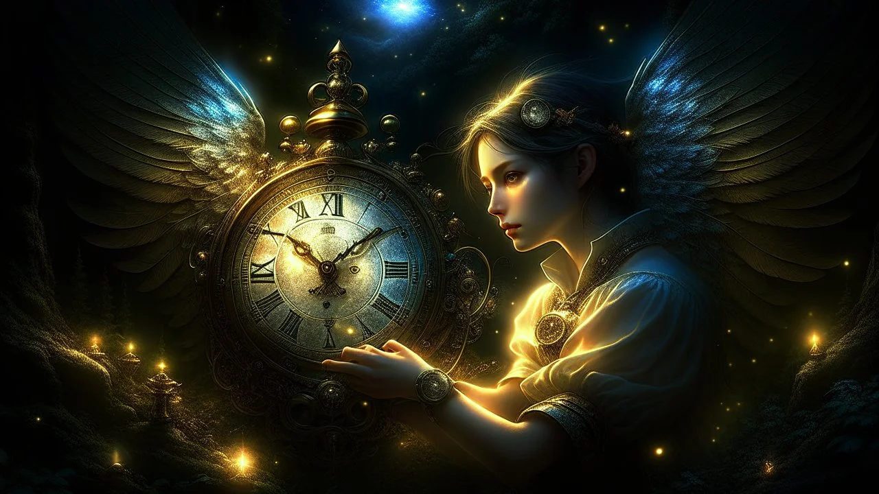 A digitally painted portrait in a classical art style of a sleepwalking watchmaker angel meticulously crafting a delicate pocket watch under the moonlight in a mystical forest. The angel's wings are spread wide as if in a trance, with gears and cogs floating around them in a surreal display of time manipulation. The background is filled with twinkling stars and glowing fireflies, adding to the enchanting atmosphere