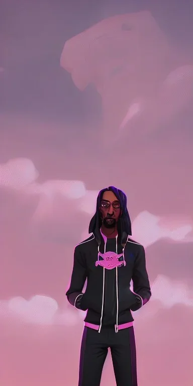 snoop dogg looking at the sky. On a pink street. buildings. Black Oversize sweatsuit.