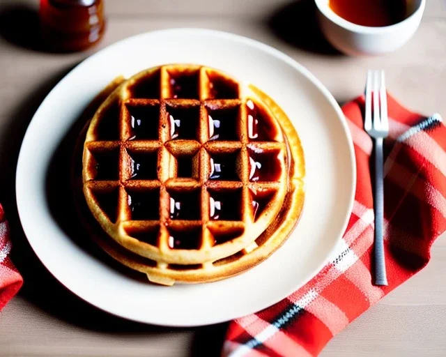 Round waffle with maple syrup plate, red plaid napkin, fork