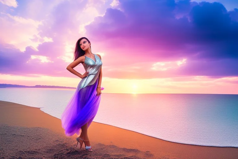 very nice real face beautiful sexy roman with make up at the beach standing pose in a short lace purple and silver dress, full body, 3D cloudy sky volumetric nice clouds 8k sharp focus,sunset,golden hour,medium shot