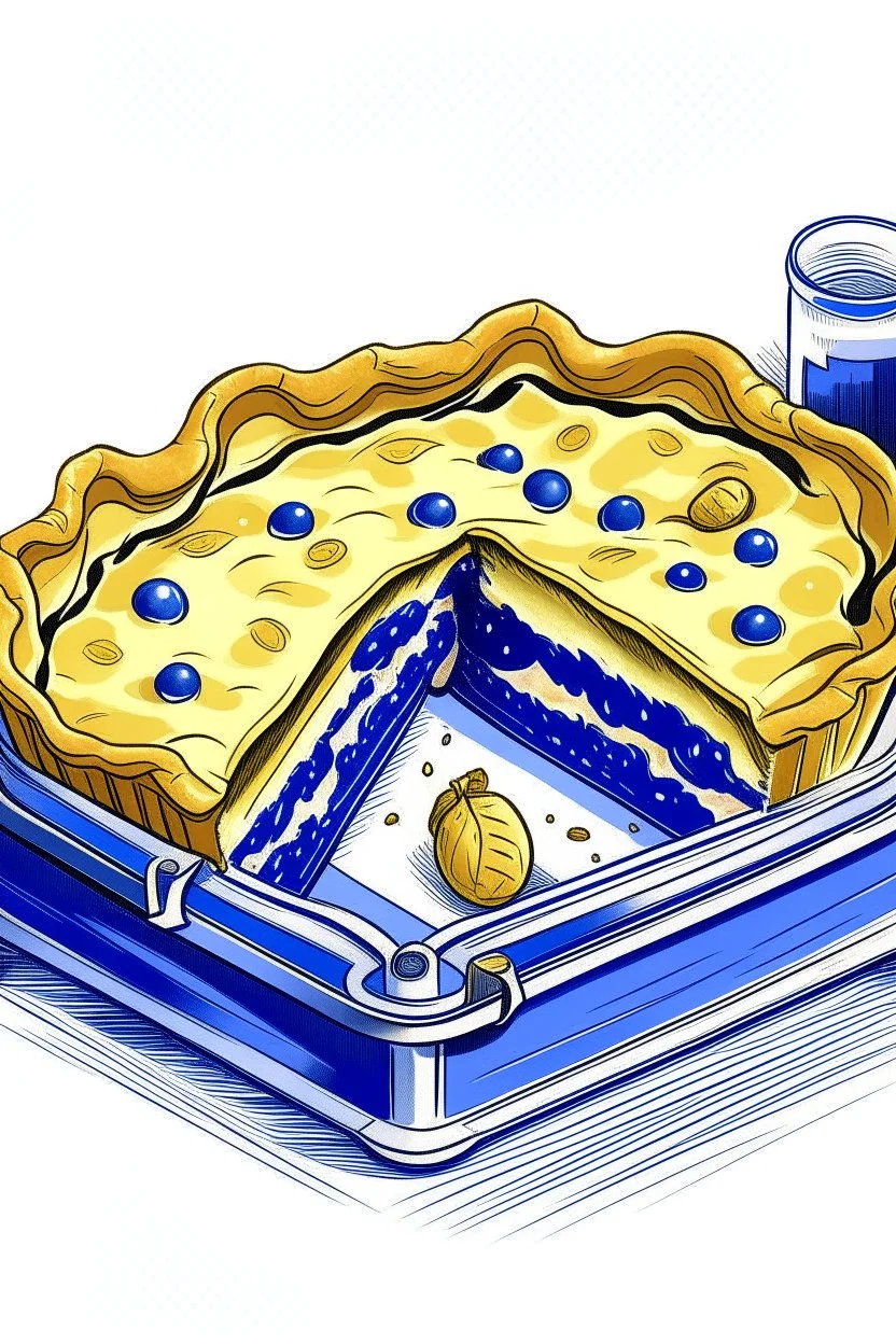 A hand-glazed ceramic baking dish filled with a blueberry pie, golden brown crust bubbling on the edges. A dollop of whipped cream rests on a slice beside the dish. Style: Vintage, Mood: Homey, Lighting: Warm oven light peeking out from the slightly open door, T-shirt design graphic, vector, contour, white background.