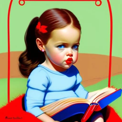 Actress Angelina jolie as a toddler, pony tail, big blue eyes, big lips, with a book,in the garden , illustrated by Marcel Marlier, red dress, soft colors, , vintage