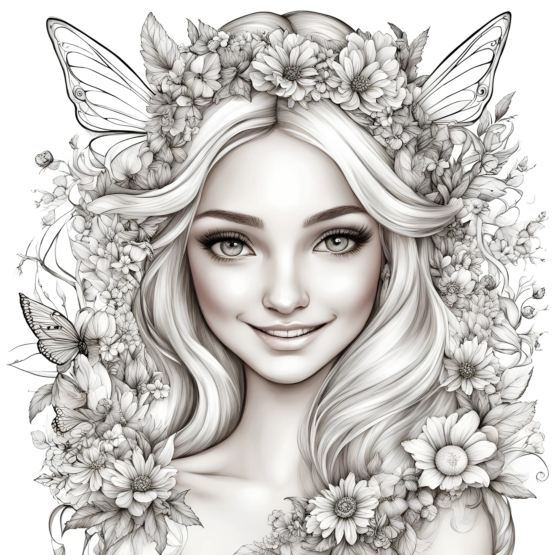 fairy with flowers, beautiful face, mischievous, smile, each image face is unique, Mariola Budek art style, coloring page style,8k, black and white, smooth edges, each image unique, smooth ink line, the blonde, each image is unique, view, each image is unique style, each image is unique design,