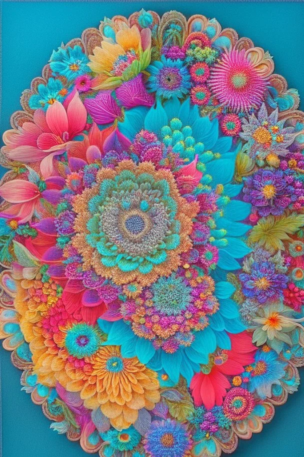 psychedelic mandala made out of flowers, feathers, ultra detailed, photorealistic, vivid colours, intricate details, in the style of Elspeth McLean, 32k