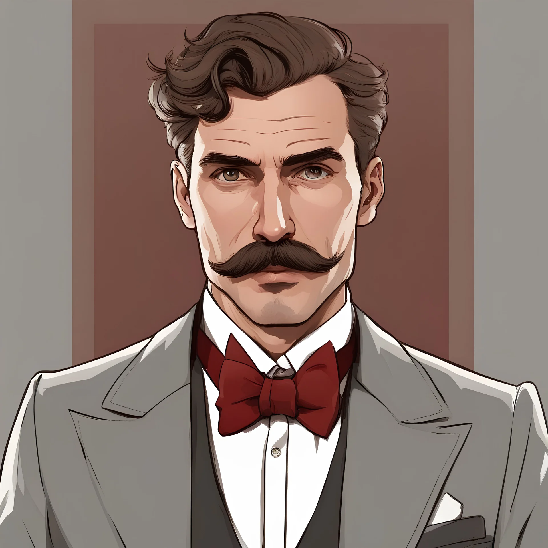 a portrait of german man wearing formal attire. wavy dark auburn medium hair. lighter skin. black eye pupils. big nose. detailed. high tense background. mustach and short beard. grey suit with red bowtie