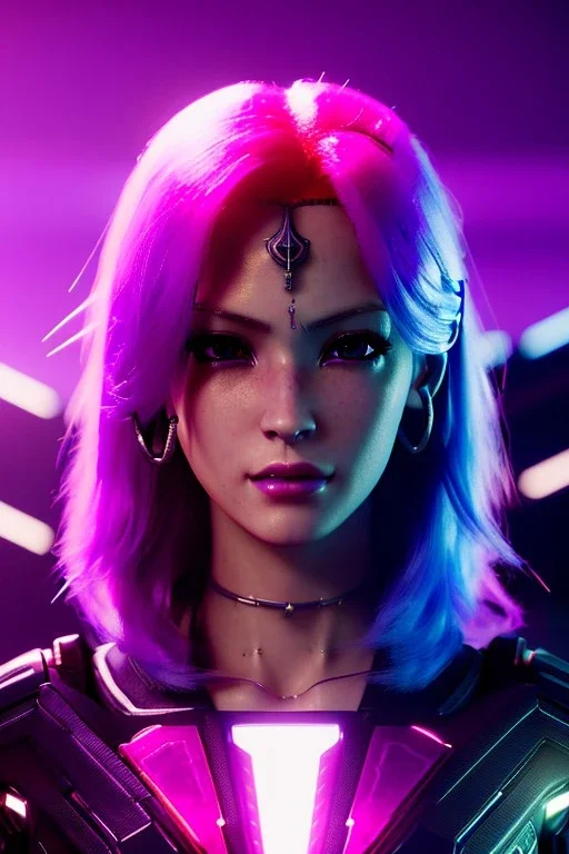 Smirking Cyborg anime assassin, light magenta hair, blue eyes, dark clothing, waist up portrait, 8k resolution, intricate details, ornate details, soft lighting, vibrant colors, retroanime, masterpiece, intricate eyeliner, dark eyeshadow, eyes, intricate tattoos, futuristic cityscape background