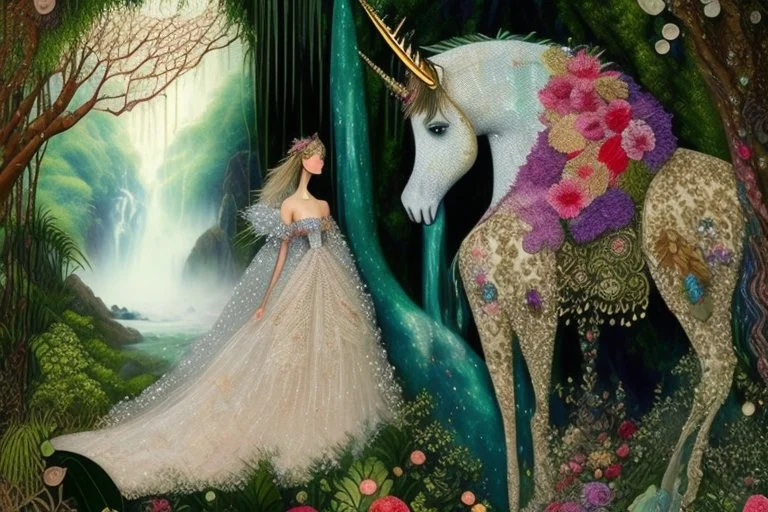 A beautiful fairytale magical composition of a rainforest with a waterfall, a masterpiece, patchwork-like, made of different materials: tulle embroidered with precious stones, lace and real pearls, silk, velvet, burlap, faux fur with leopard print. Unicorn, flowers