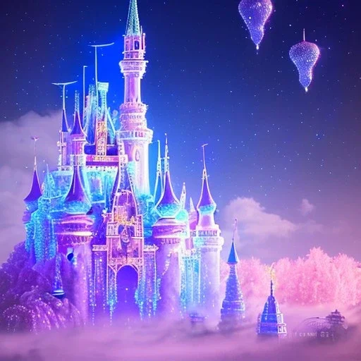 un grand château subtil en cristal violet bleu dans une ambiance galactique avec une belle fée, pétales transparents, couleurs délicates, bin le premier plan, plein de détails, ambiance lumineuse douce et douce, effet de lumière, vaporwave coloré, art conceptuel, lisse, extrêmement net, photo complète du corps, chef-d'œuvre, meilleure qualité, peau bleue, yeux étincelants, peau fluorescente, yeux bleus, maquillage étincelant, longs cheveux blonds, style féerique, corps très détai