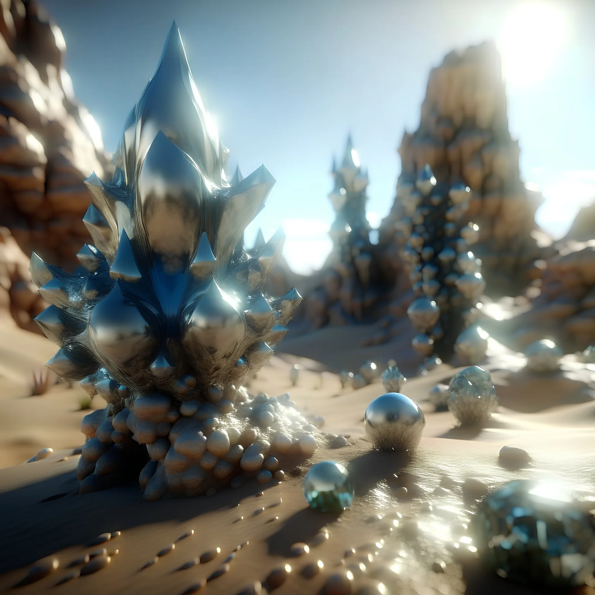 3d, crystal-like, odd objects in an odd environment, desert, masterpiece, good quality, intricate details, high quality, Yves Tanguy, best quality, 8k, in focus, sharp focus, DVD Screengrab, fantasy, sci-fi, cinematic, photorealism, octane render, frostbite, 8k, cinematic, unreal engine, bokeh, vray, houdini render, quixel megascans, arnold render, 8k uhd, raytracing, cgi, lumen reflections, cgsociety, ultra realistic, cinema4d, studio quality, highly detailed