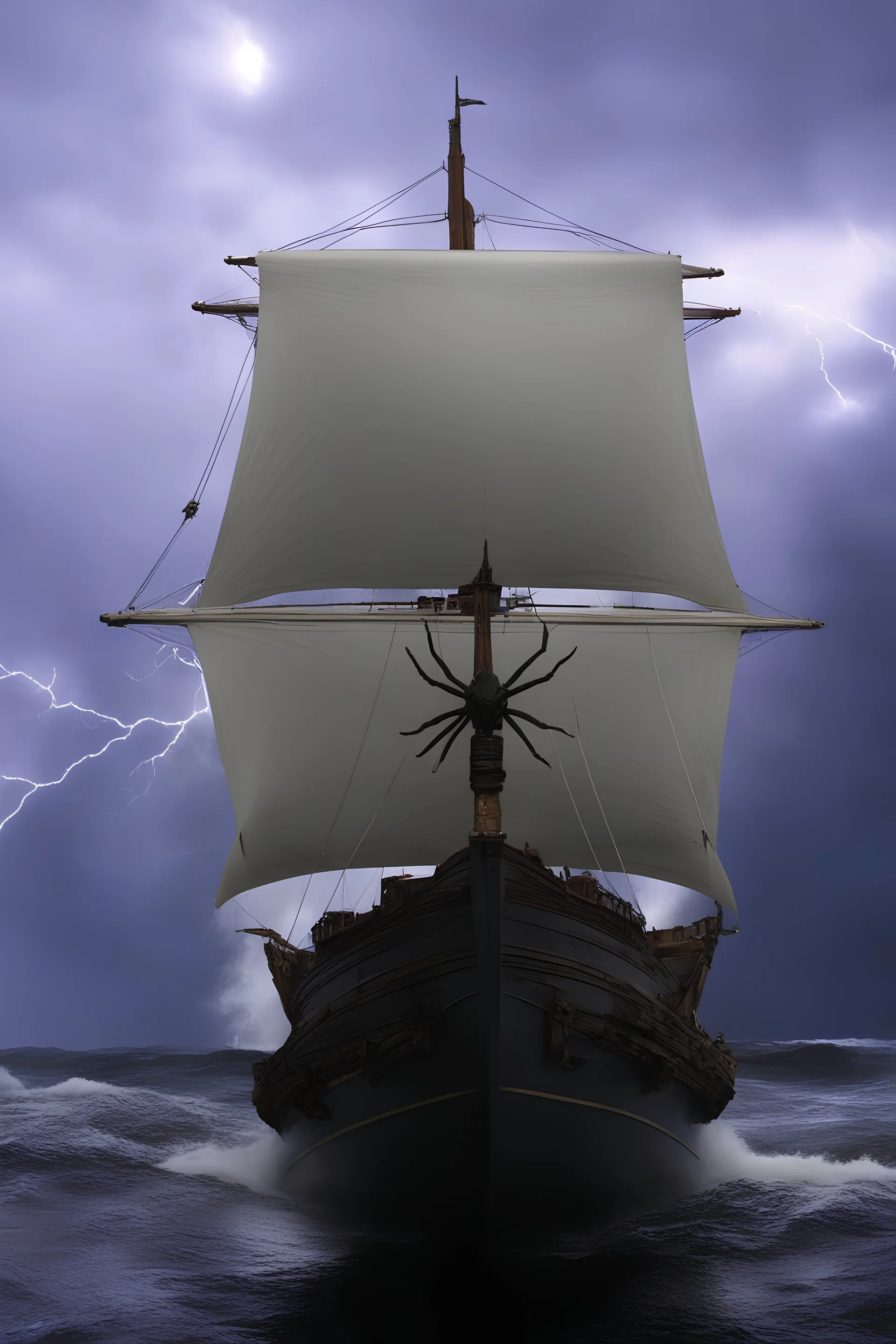 Wooden Ship front view with a Spider figurehead at night in a storm with giant waves