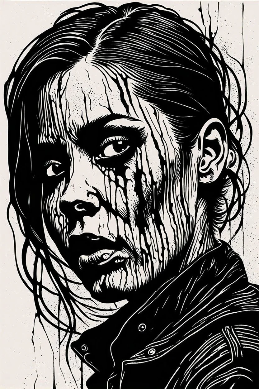 create a deep powerful tragic and evocative, full body woodcut of a raw and weathered gothpunk female with highly detailed facial features, lost in a horrific post apocalyptic world, in the style of KATHE KOLLWITZ , searing lines and forceful strokes