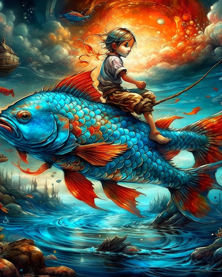 dreamlike, Esao Andrews-esque scene where a barefoot boy in tattered overalls rides atop a colossal, iridescent koi fish through a surreal twilight lagoon, his arms wrapped around the fish's sleek, glistening body as if it were a trusty steed. The fish's scales shimmer with impossible huespearlescent blues melting into burnt orangeswhile its fins fan out like delicate silk banners torn from some celestial tapestry. Around them, the water refracts into liquid prisms, distorting reflections of gna