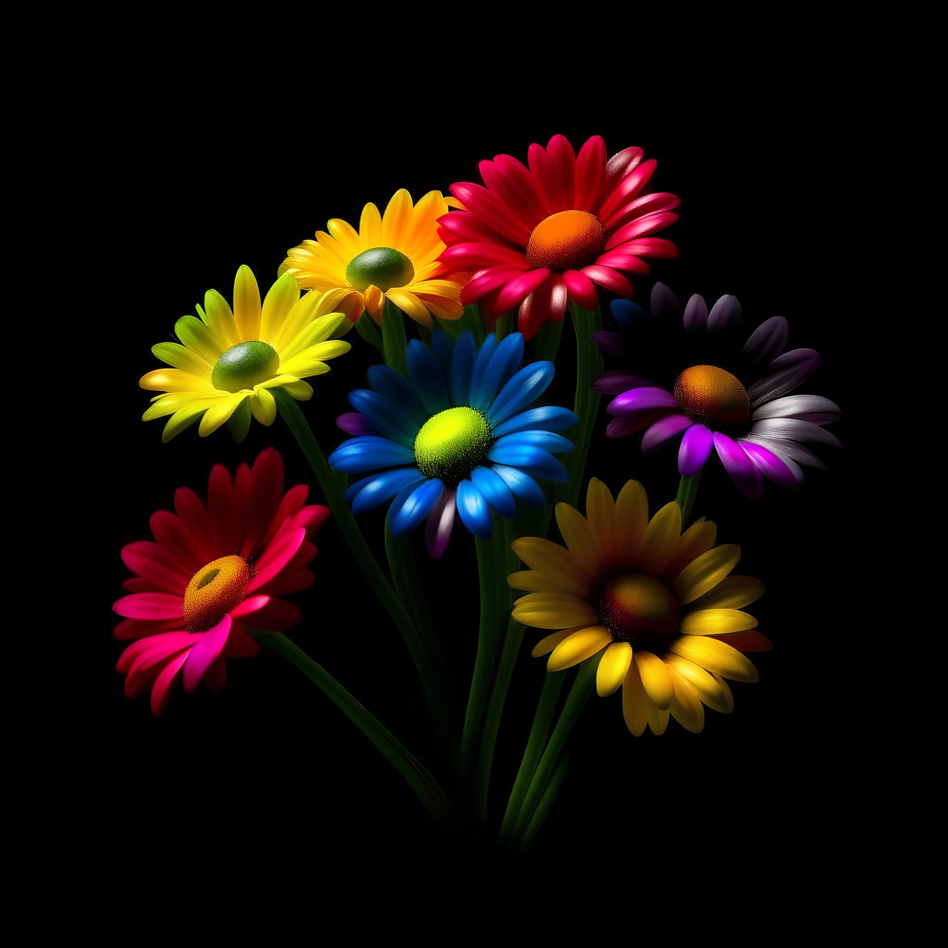 Create small bouquet daisy colour rainbow and black background