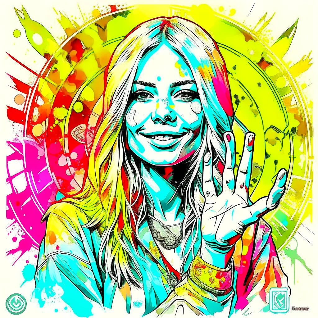 sketch illustration, tie dye wearing pretty hippie woman with a flower in her long blonde hair giving the victory sign with fingers, background is psychedelic zentangle, groovy neon acid wash, peace signs, ink splatter, by Russ Mills and Alex Grey