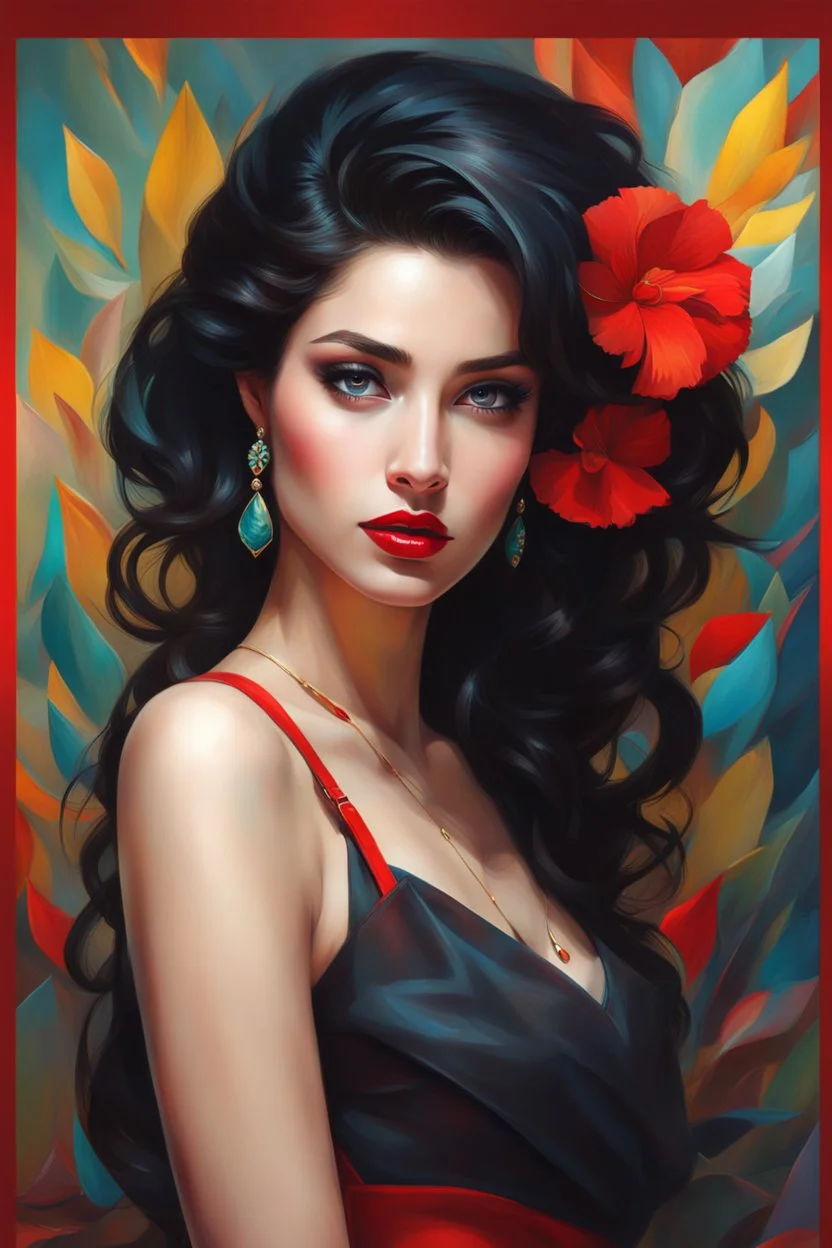 A full body Portrait of a beautiful young woman, slanted, dark eyes with large eyelashes, voluminous wavy black hair, red lipstick, thin strap blouse, colorful, perfect face, shine, realistic, best image quality, oil paint, Light clothes, vivid colors, Thin strap blouse, Art By Jon Bauer,, By cgsociety,standing