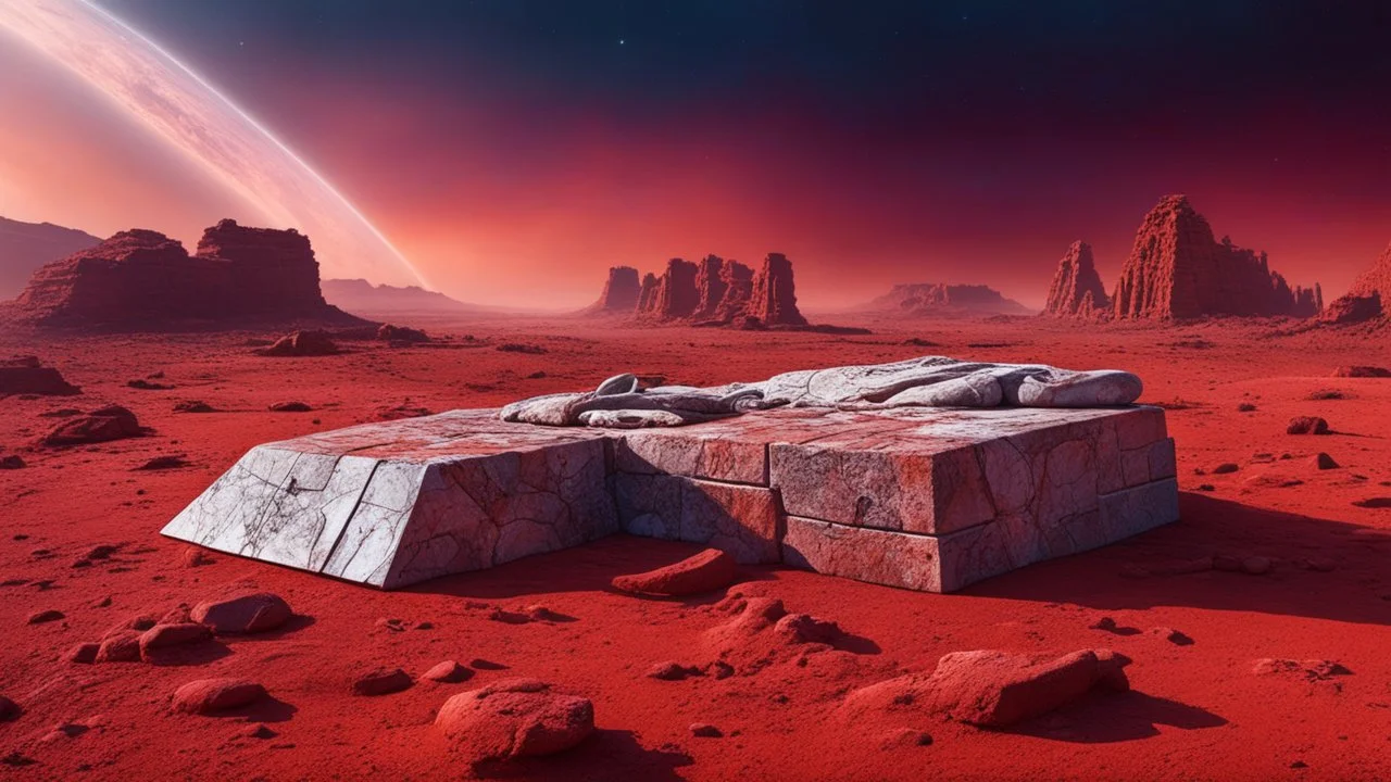 an ancient abstract nonfigurative statue from carved, polished marble blocks lies down on the red Mars planet, background ancient ruins, strange psychedelic sky, cold colors, mystic ancient art, very detailed, cinematic, sharp focus, sci-fi style, utopistic, surreal, psychedelic fantasy