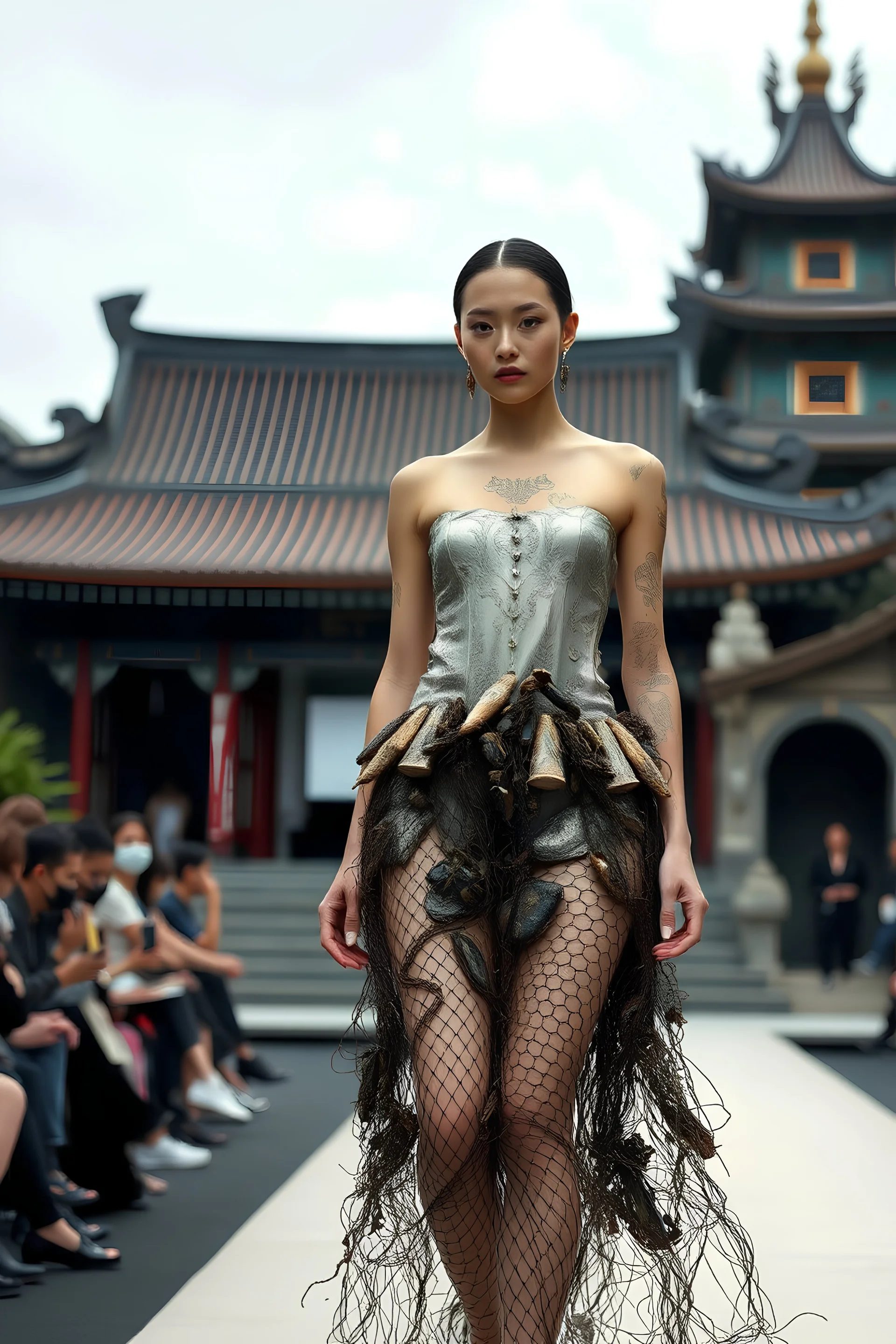 Female model covered in scars wears an elegant dress made of broken fishnets and sea debris exclusively designed by expensive Taiwanese designers at a fashion show with a Taiwanese temple in the background, photo
