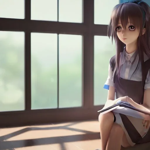 Anime girl studying in room, perfect face, window, nature, anime style, unreal engine 5, studio lighting