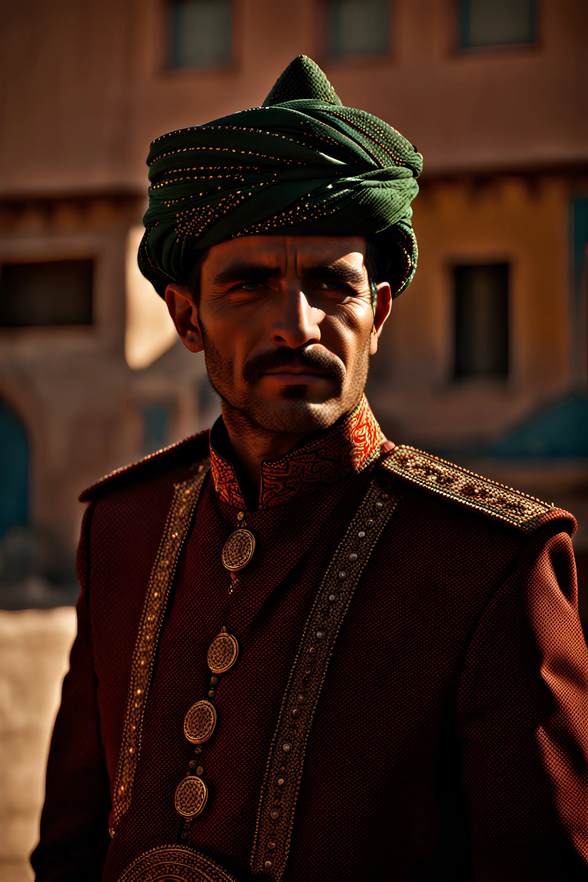 A man dresses in Turkmen uniform. Batman head Kurdish city .cinematic. High details. Portrait image