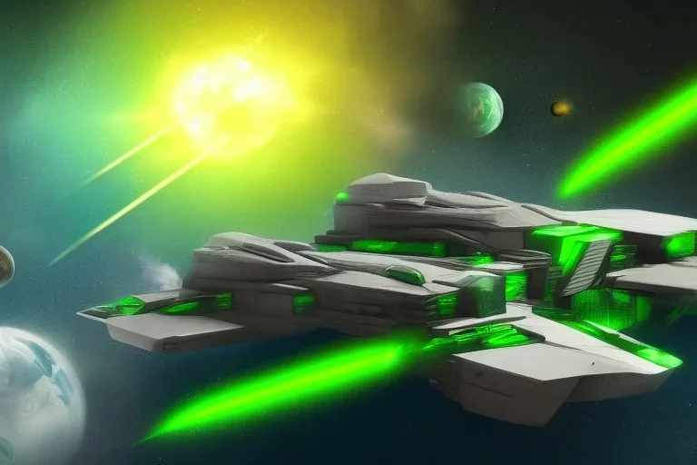 spaceship battle, spaceships, explosions, lasers, green lasers, explosions, painting