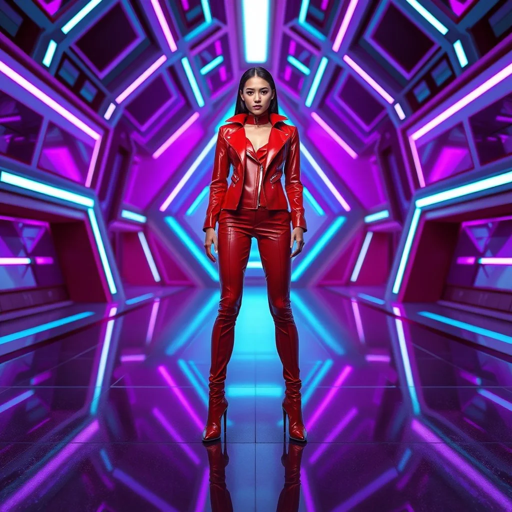 A sleek sci-fi portrait of a model in bold red attire standing in a high-tech terminal. The background features intricate glowing neon panels in violet and cyan. Architectural geometric lines create a sense of depth, with a polished, reflective floor enhancing the high-tech aesthetic. Sharp focus, vibrant color palette, digital art style.