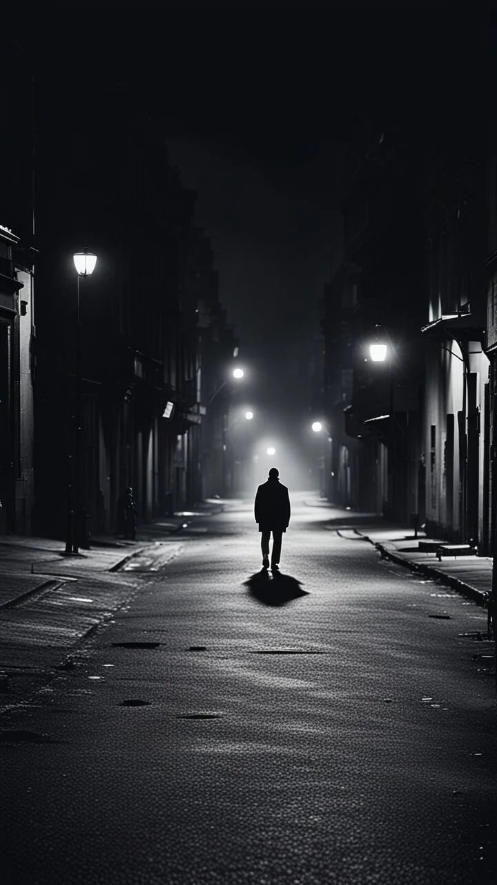 Man walking alone on a dark deserted street.