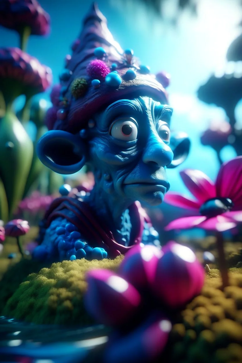 portrait of illithid mind flawyer in a water slide holding weird flowers in his trunk in the style of pixar, on a strange planet with weird colors and wind turbines, bokeh like f/0.8, tilt-shift lens 8k, high detail, smooth render, down-light, unreal engine, prize winning