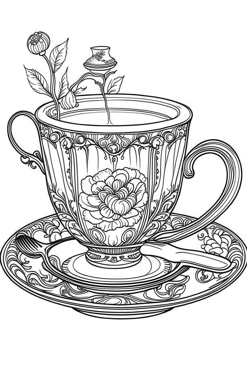 Outline art for coloring page, TEACUP WITH TEA INSIDE IN A FANCY PLACE SETTING WITH SPOONS, coloring page, white background, Sketch style, only use outline, clean line art, white background, no shadows, no shading, no color, clear