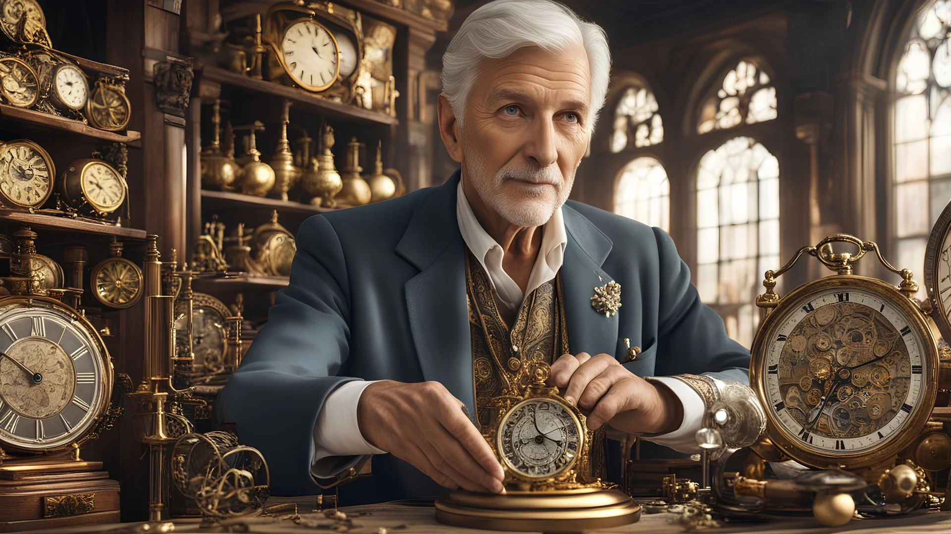 elderly male market trader selling all kinds of clocks, watches, chronometers, sextants, astrolabes, orreries, pelorus and other navigational devices, showing his head and upper body, perfect eyes, perfect anatomy, exquisite composition, beautiful detailed intricate detailed octane render, 8k artistic photography, photorealistic, soft natural volumetric cinematic perfect light, chiaroscuro, award-winning photograph, masterpiece, raphael, caravaggio, bouguereau