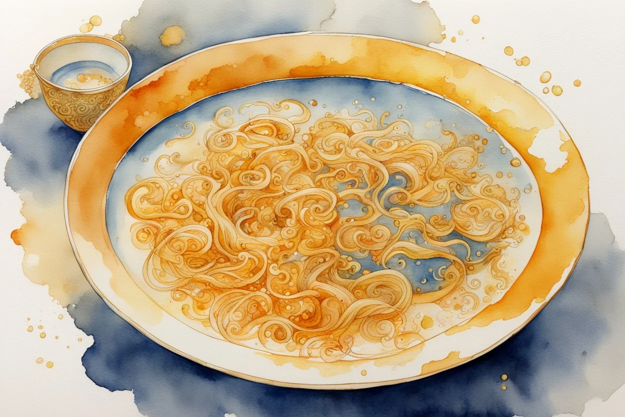 chinese curly soup, watercolor and ink, in sunshine, golden glitters