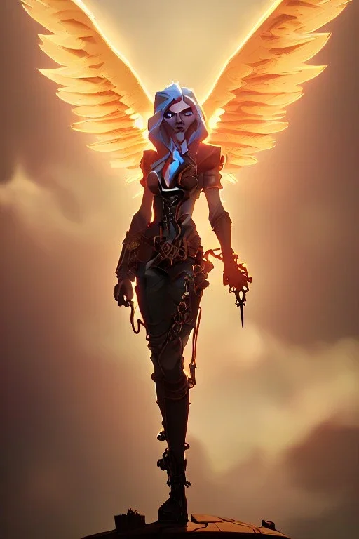 steampunk angel, pale, clouds, golden glow, majestic, heroic