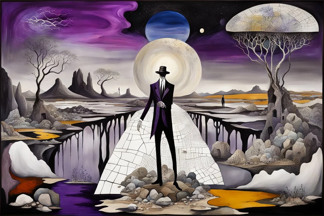 face to the camera in midle one alone human figure with a big map his hands in unique whimsical clothes stands on thin weird bridge , weird whimsical landscape, forest, and Sahara water and rocks,, around surreal cracked painted weird land with some black doors. dark purple, gray, black, white, brown,deep colors. style of Chagall , of Minjae Lee and Tim Burton, absurd beauty. broken, weird bizarre absurd, nightmare, neuron network background, surreal vibe