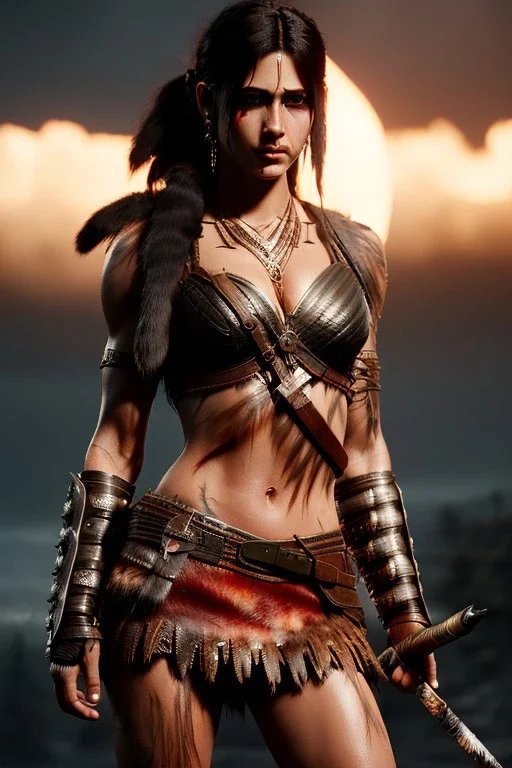 Barbarian character, animal hide armor, physically fit, tribal tattoos, scars, washboard abs, red facepaint, dark eyeshadow, intricate eyeliner, soft round eyes, beads in hair, 8k resolution, cinematic smooth, intricate details, vibrant colors, realistic details, masterpiece, oil on canvas, smokey background